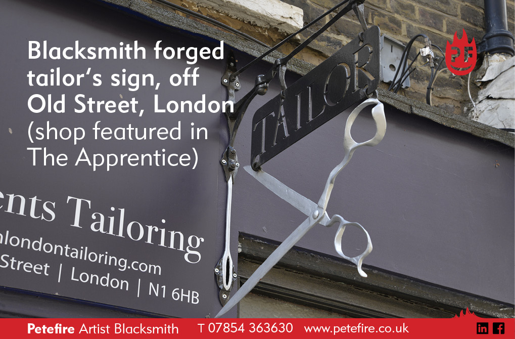 A blacksmith forged tailor’s sign, off Old Street, London (shop featured in The Apprentice). Commissioned by Orhan Tailoring, London