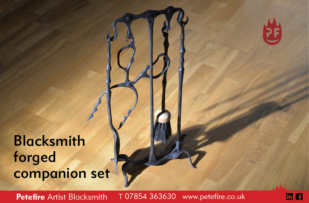 Blacksmith forged companion set, made by Petefire Artist Blacksmith in Bushey, Herts