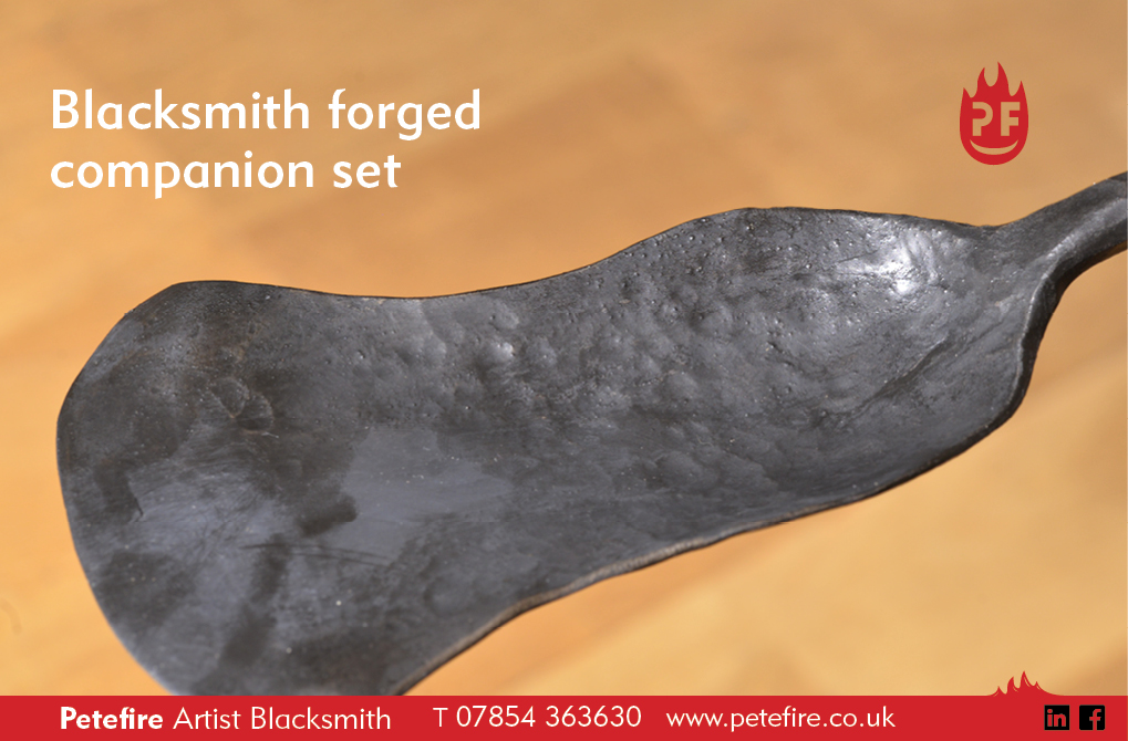 Shovel detail from hand forged companion set, designed & made by Petefire Artist Blacksmith