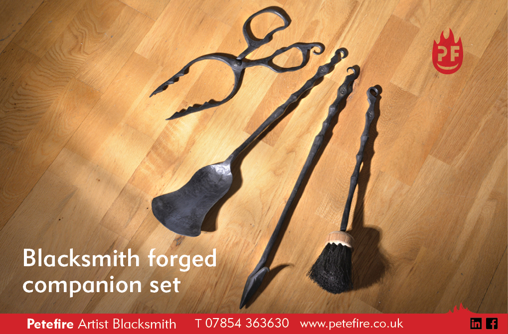 Blacksmith forged companion set, including tongs, shovel, poker & brush