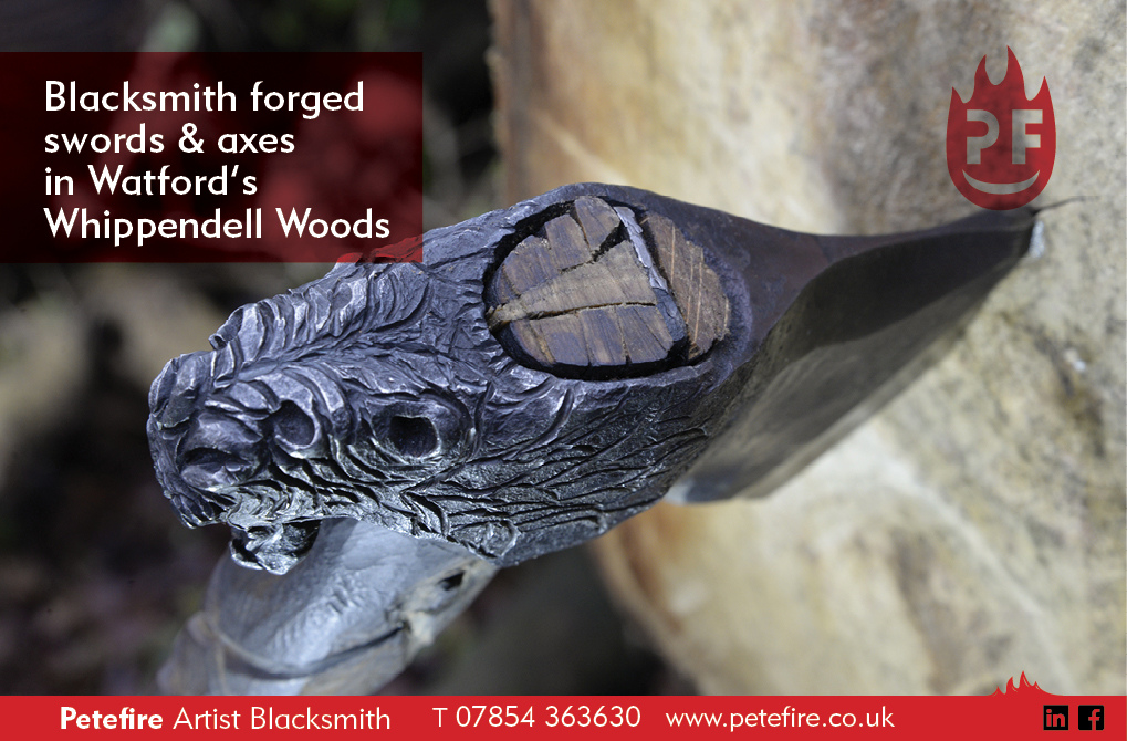 Blacksmith forged axe in log, Whippendell Woods, Watford