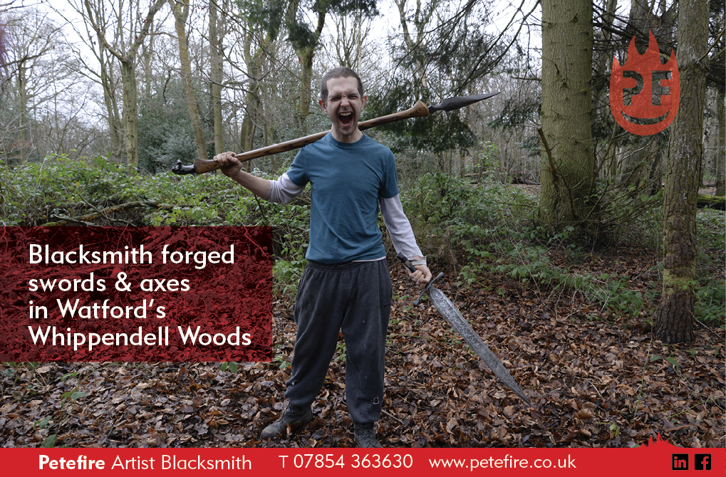 Blacksmith forged spear & sword in log, Whippendell Woods, Watford