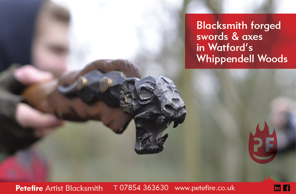 Blacksmith forged decorative lion head spear head, Whippendell Woods, Watford