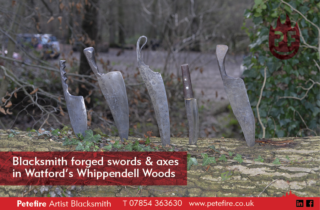 Blacksmith forged large kitchen knives, cutting into log, Whippendell Woods, Watford