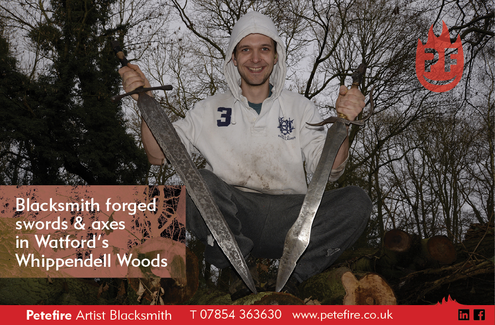 Two blacksmith forged swords in log, Whippendell Woods, Watford