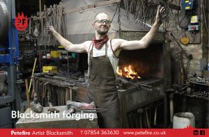 Petefire Artist Blacksmith at the forge in Bushey, Herts