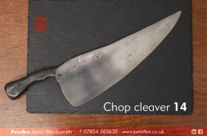 Hand forged and filed large kitchen knife made from hydraulic compression bar, reclaimed from a digger.