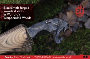Lion headed hand forged spear, photo in Whippendell Woods, Watford, Herts