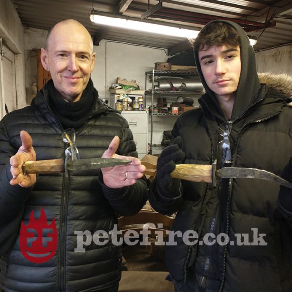 Petefire Artist Blacksmith, St Albans, Herts, England. Son & dad with larger hand forged knife on a forging experience