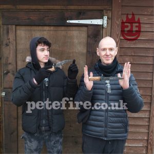 Petefire Artist Blacksmith, St Albans, Herts, England. Son & dad with larger hand forged knife on a forging experience