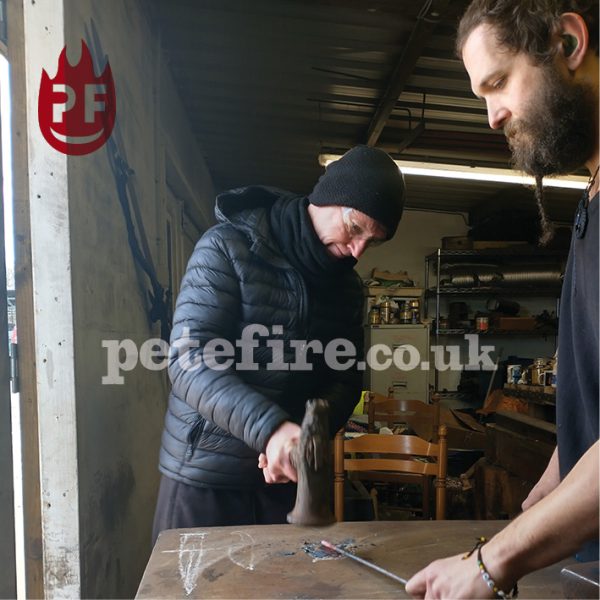 Petefire Artist Blacksmith, St Albans, Herts, England. Hand forging a Papa knife (kitchen knife larger knife) on a forging experience